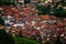 Aerial view to little village Ribeauville, Alsace, stormy weather, thunderstorm and dark sky