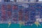 Aerial view to a lot of intermodal shipping container are in a port. cargo transportation system on ships. Graphic view
