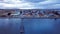 Aerial View to the Sitting Birds on the Old Wooden Pier under the Blue Sunset Sky in Puerto Natales,