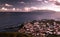 Aerial view to Vila do Corvo and Flores island at sunset, Corvo island, Azores, Portugal