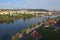 Aerial view to Vltava river with Vysehrad Railway Bridge and Prague Castle with Saint Vitus Cathedral at the background.