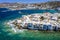 Aerial view to the whitewashed houses and churches of the old town of Mykonos, Greece