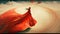 Aerial view to woman in billowing red dress in desert sand rear view, beautiful desert scape