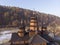 Aerial view to wooden church of Holy Prophet Elijah, Ilinskaya, Yaremche, Carpathians mountains, Ukraine