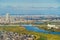 Aerial view of Tokyo apartments in cityscape background. Residential district in smart city in Asia. Buildings at noon. Japan