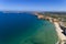 Aerial view of the Tonel Beach with the Saint Vincent Cape & x28;Cabo de Sao Vincente& x29; on the background, in Algarve