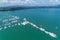 Aerial View Top down Drone shot of Yacht and sailboat parking in marina Transportation and travel background concept Beautiful sea