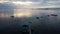 Aerial view of top down picture of colorful wooden boats. Boats at the pier. Lampung, Indonesia Jan 20, 2021