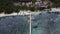 Aerial view of top down picture of colorful wooden boats. Boats at the pier. Lampung, Indonesia Jan 20, 2021