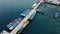 Aerial view of top down picture of colorful wooden boats. Boats at the pier. Lampung, Indonesia Jan 20, 2021