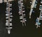 Aerial view from top down. pier with boats and yachts in dark water. Lake or sea