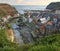 Aerial view from the top of the hill in the village of Staithes on the east coast of North Yorkshire