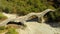 Aerial view of a tourist crossing Plakidas arched stone bridge of Zagori region