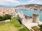 Aerial view of touristic old Trogir, historic town on a small island and harbour on the Adriatic coast in Split-Dalmatia, Croatia.