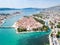 Aerial view of touristic old Trogir, historic town on a small island and harbour on the Adriatic coast in Split-Dalmatia, Croatia.