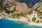 Aerial view of the town of Agia Roumeli at the exit of the Samaria Gorge Crete, Greece