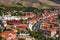 Aerial view of the town center of Rupea,Romania,with hills and agricultural fields in the background