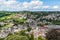 An aerial view of the town and countryside around Launceston, Cornwall, UK