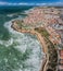 Aerial view of the town of Ericeira coasts and streets.