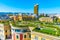 Aerial view of Town Hall, Resurrection of christ orthodox cathedral and ministry of energy and industry in Tirana, Albania