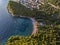 Aerial view of the town of Petrovac and Lucice beach, one of the most beautiful sandy beaches. Montenegro