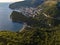 Aerial view of the town of Petrovac and Lucice beach, one of the most beautiful sandy beaches. Montenegro