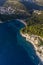 Aerial view of the town of Petrovac and Lucice beach, one of the most beautiful sandy beaches. Montenegro