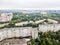 Aerial view of town with socialist soviet panel building at cloudy day. Buildings were built in the Soviet Union now