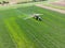 Aerial view of the tractor spraying the chemicals on the large green field of grain