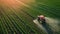 Aerial view of a tractor spraying crops in a farm field