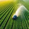 Aerial view of Tractor Spraying Pesticides on Green Soybean Plantation at