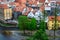 Aerial view of the traditional colorful houses of Cesky Krumlov and Vltava river, in Czech Republic