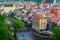 Aerial view of the traditional colorful houses of Cesky Krumlov and Vltava river, in Czech Republic