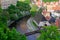 Aerial view of the traditional colorful houses of Cesky Krumlov and Vltava river with Lavka pod Zamkem the bridge underneath the