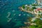 Aerial view of traditional fishermen boats lined in An Thoi harbor of Duong Dong town in the popular Phu Quoc island, Vietnam,