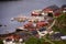 Aerial view of traditional Norwegian fisherman Rorbu cabin in small port village called Langenes, Vesteralen, Norway