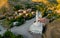 Aerial view of traditional Turkish village with mosque and minaret, Imrahor, Ankara, Turkey