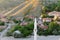 Aerial view of traditional Turkish village with mosque and minaret, Imrahor, Ankara, Turkey