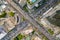 aerial view of traffic junction and transportation road in city, top and birdeyes view shot 90 degree, blur background