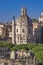 Aerial view at Traian column and church Santissimo Nome di Maria al Foro Traiano in Rome, Italy