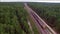 Aerial view of train over railway in the forest.