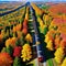 Aerial view of train and railroad among autumn eye view