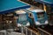 Aerial view of a train station featuring two trains on the tracks in Wuhan, China