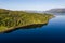 Aerial view of a tranquil Scottish loch in the early morning sunshine Loch Eil, Fort William