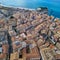 Aerial view of Tropea, house on the rock and Sanctuary of Santa Maria dell`Isola, Calabria. Italy.