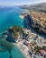 Aerial view of Tropea, house on the rock and Sanctuary of Santa Maria dell`Isola, Calabria. Italy. Tourist destinations