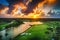 Aerial view of tropical golf course at sunset, Dominican Republic.