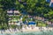 Aerial view of tropical island vacation village and resort