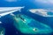 Aerial view of tropical islands and atolls in the Maldives