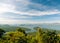 Aerial view on tropical landscape with Kra Buri river and mountains on horizon.